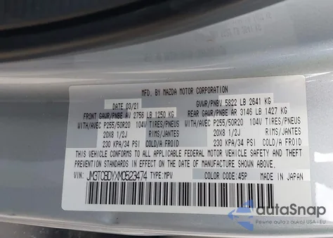 2021 Mazda Cx-9 Grand Touring from USA, damaged, VIN JM3TCBDYXM0523474